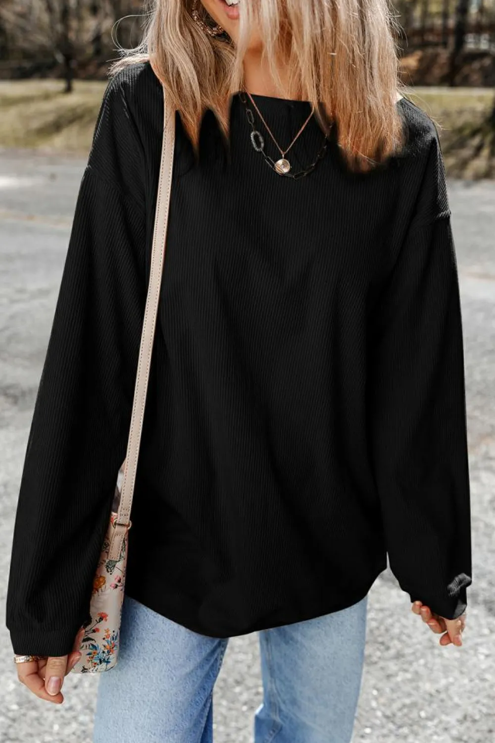 Sale Dear-Lover Ribbed Corduroy Oversized Sweatshirt Black