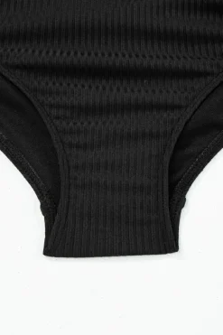 Clearance Dear-Lover Ribbed Drawstring Sides Cutout One Piece Swimsuit Black