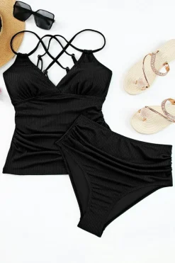 Online Dear-Lover Ribbed Dual Crisscross Straps Cut-Out Back Tankini Suit Black