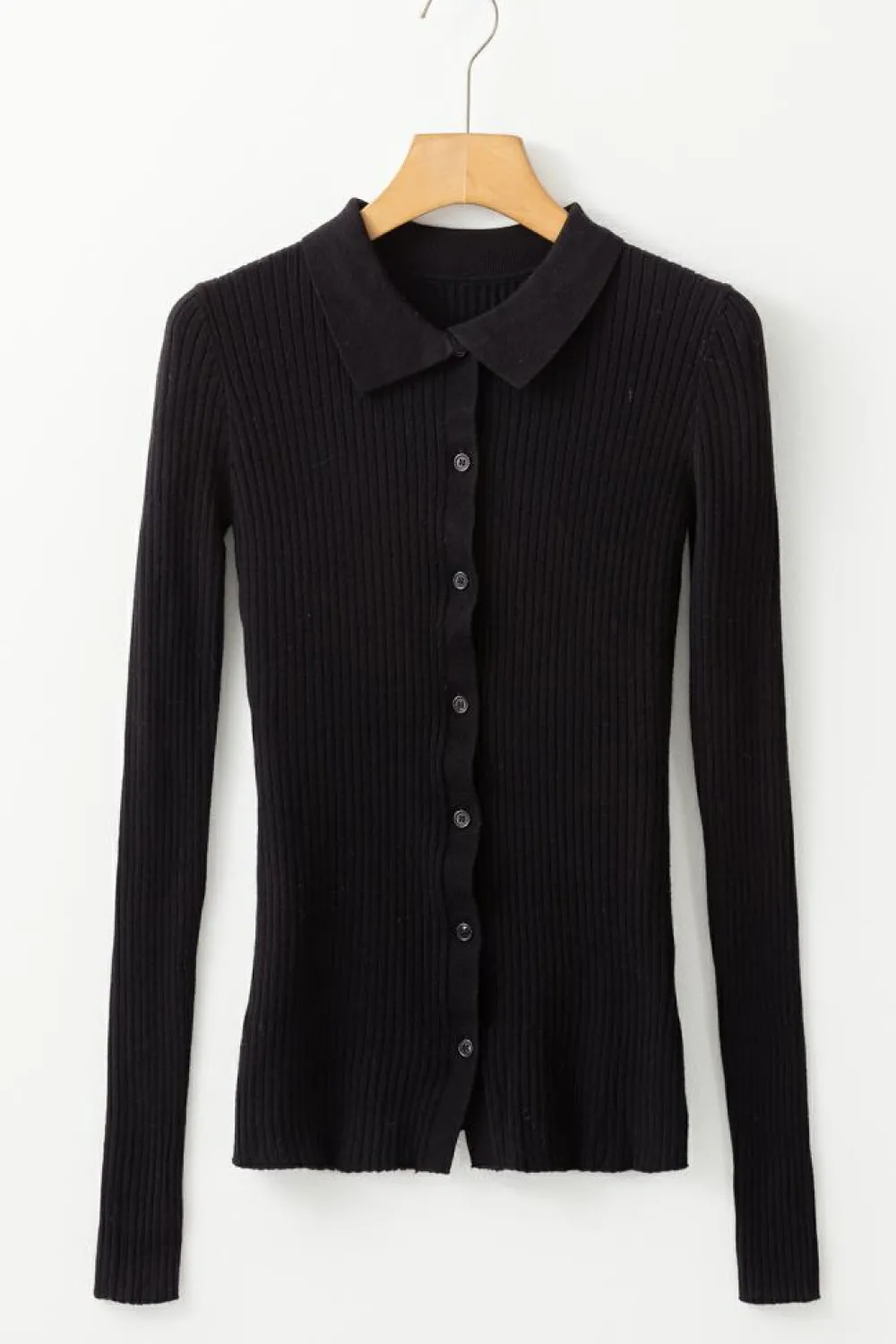 Online Dear-Lover Ribbed Knit Collared Slim Fit Sweater Cardigan Black