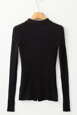 Online Dear-Lover Ribbed Knit Collared Slim Fit Sweater Cardigan Black