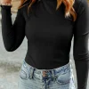 Best Dear-Lover Ribbed Knit High Neck Long Sleeve Top Black