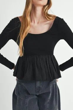 Discount Dear-Lover Ribbed Knit Long Sleeve Scoop Neck Peplum Patchwork Top Black