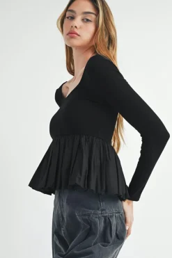 Discount Dear-Lover Ribbed Knit Long Sleeve Scoop Neck Peplum Patchwork Top Black