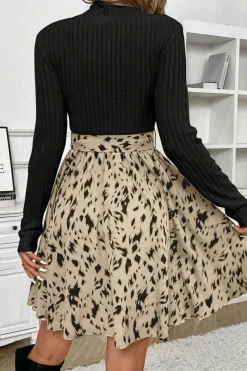 Outlet Dear-Lover Ribbed Knit Patchwork Printed Belted A-line Dress Black