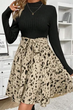 Outlet Dear-Lover Ribbed Knit Patchwork Printed Belted A-line Dress Black