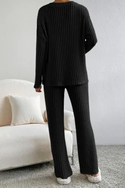 Outlet Dear-Lover Ribbed Knit V Neck Slouchy Two-piece Outfit Black
