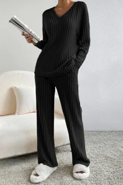 Outlet Dear-Lover Ribbed Knit V Neck Slouchy Two-piece Outfit Black