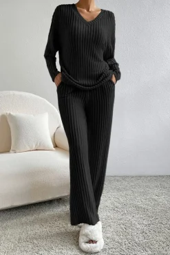 Outlet Dear-Lover Ribbed Knit V Neck Slouchy Two-piece Outfit Black
