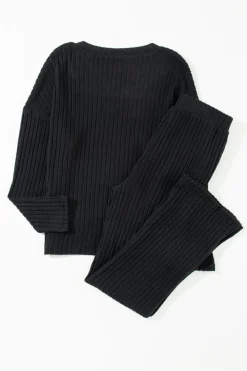 Outlet Dear-Lover Ribbed Knit V Neck Slouchy Two-piece Outfit Black
