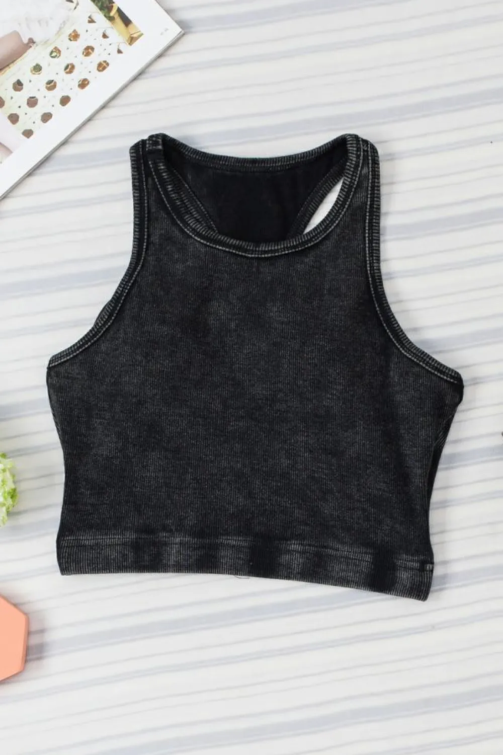 Sale Dear-Lover Ribbed Mineral Wash Racerback Cropped Tank Top Black