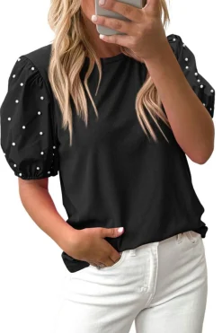 Outlet Dear-Lover Ribbed Pearl Beaded Puff Sleeve Top Black