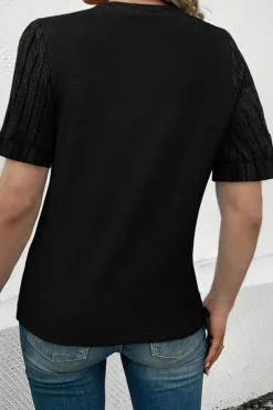 Hot Dear-Lover Ribbed Splicing Sleeve Round Neck T-shirt Black