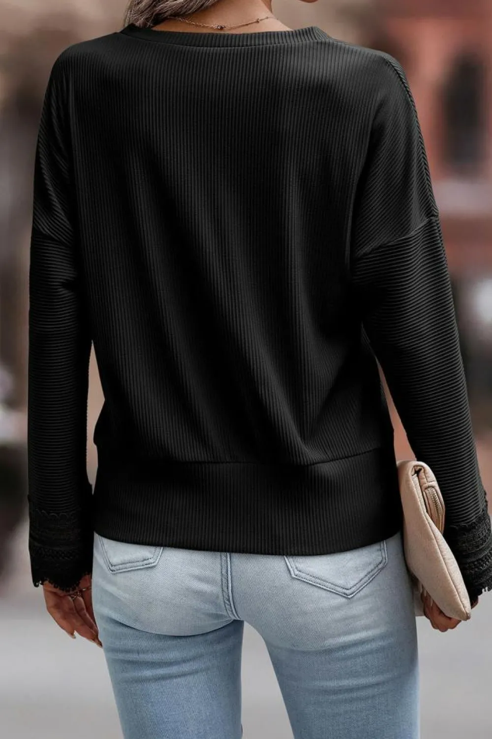 Discount Dear-Lover Ribbed Texture Lace Trim V Neck Long Sleeve Top Black