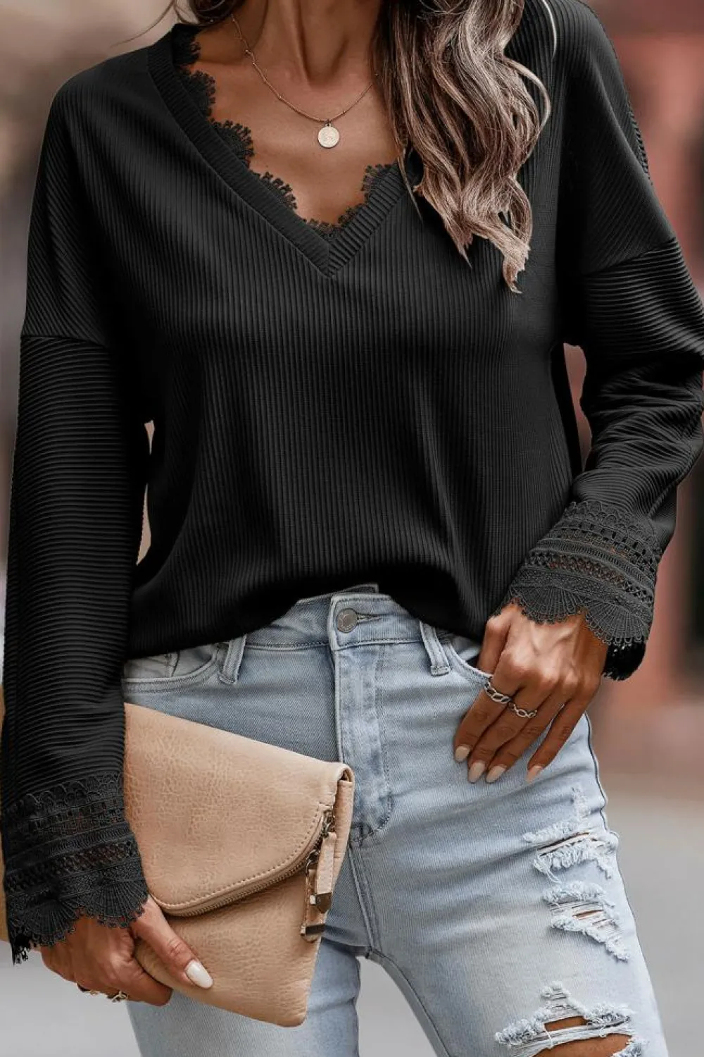 Discount Dear-Lover Ribbed Texture Lace Trim V Neck Long Sleeve Top Black