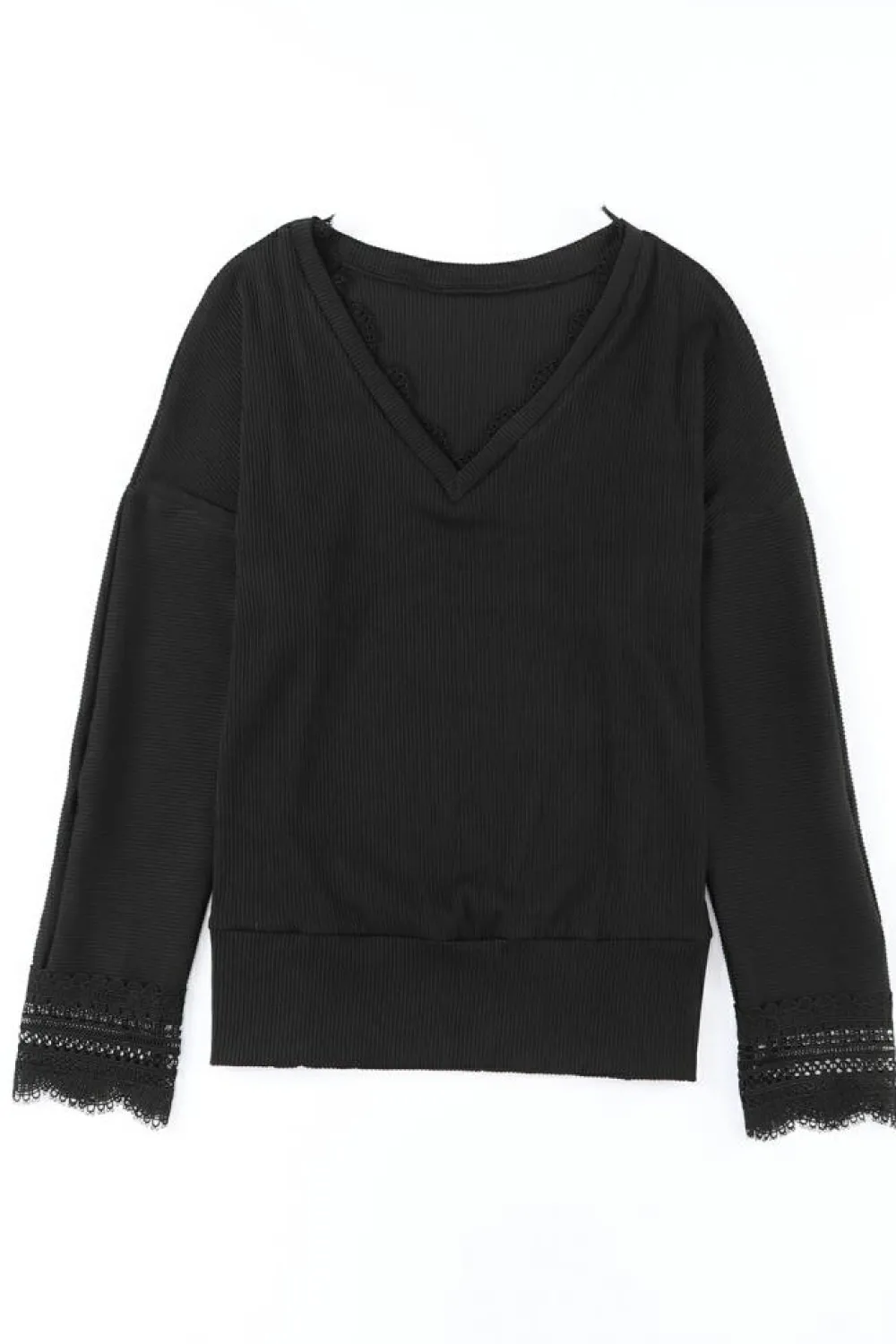 Discount Dear-Lover Ribbed Texture Lace Trim V Neck Long Sleeve Top Black