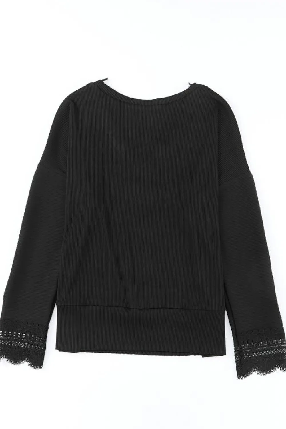 Discount Dear-Lover Ribbed Texture Lace Trim V Neck Long Sleeve Top Black