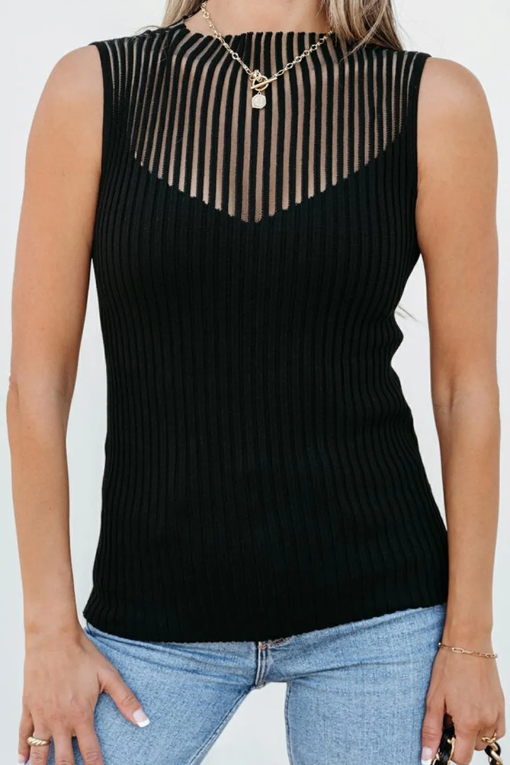 Outlet Dear-Lover Ribbed Texture Mesh Cutout Knitted Sweater Vest Black