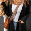 Hot Dear-Lover Ribbed Trim Eyelet Cable Knit Cardigan Black