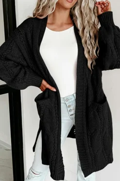 Hot Dear-Lover Ribbed Trim Eyelet Cable Knit Cardigan Black