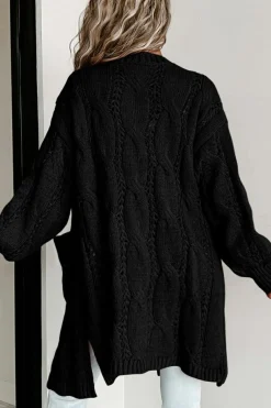 Hot Dear-Lover Ribbed Trim Eyelet Cable Knit Cardigan Black