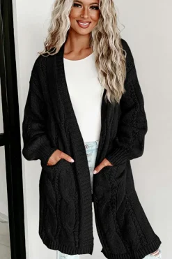 Hot Dear-Lover Ribbed Trim Eyelet Cable Knit Cardigan Black