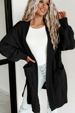 Hot Dear-Lover Ribbed Trim Eyelet Cable Knit Cardigan Black
