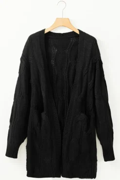 Hot Dear-Lover Ribbed Trim Eyelet Cable Knit Cardigan Black