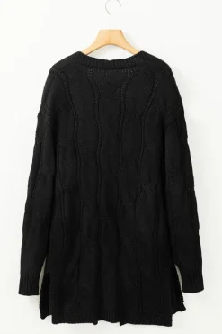 Hot Dear-Lover Ribbed Trim Eyelet Cable Knit Cardigan Black