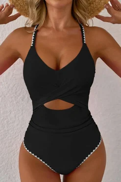 Fashion Dear-Lover Ric Rac Trim Contrasted Patchwork Cutout One Piece Swimsuit Black