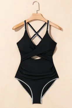 Fashion Dear-Lover Ric Rac Trim Contrasted Patchwork Cutout One Piece Swimsuit Black