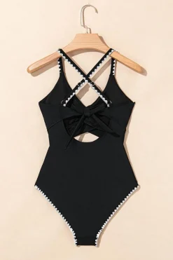 Fashion Dear-Lover Ric Rac Trim Contrasted Patchwork Cutout One Piece Swimsuit Black