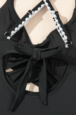 Fashion Dear-Lover Ric Rac Trim Contrasted Patchwork Cutout One Piece Swimsuit Black