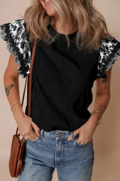 Hot Dear-Lover Ricrac Trim Printed Flutter Sleeve Contrast Patchwork Blouse Black