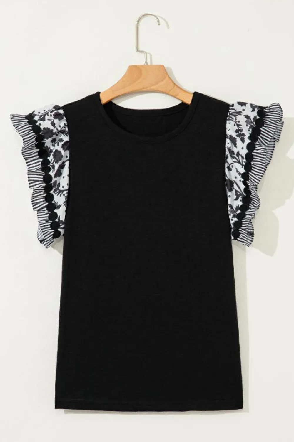 Hot Dear-Lover Ricrac Trim Printed Flutter Sleeve Contrast Patchwork Blouse Black