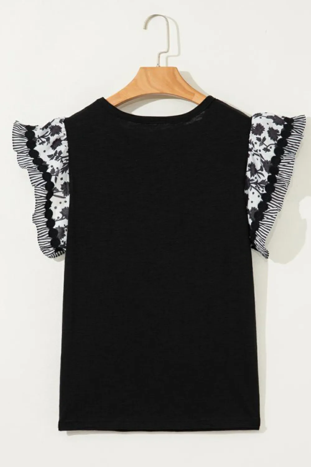 Hot Dear-Lover Ricrac Trim Printed Flutter Sleeve Contrast Patchwork Blouse Black