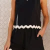 Fashion Dear-Lover Ricrac Trim Tank Top Elastic Waist Shorts Set Black