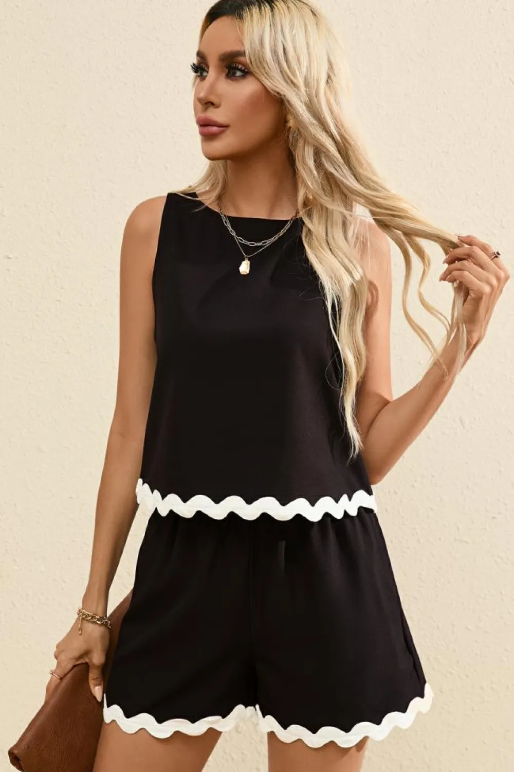 Fashion Dear-Lover Ricrac Trim Tank Top Elastic Waist Shorts Set Black