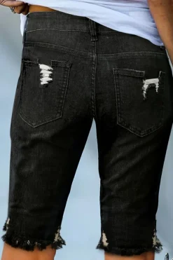Discount Dear-Lover Ripped Tassel Bermuda Denim Shorts Black