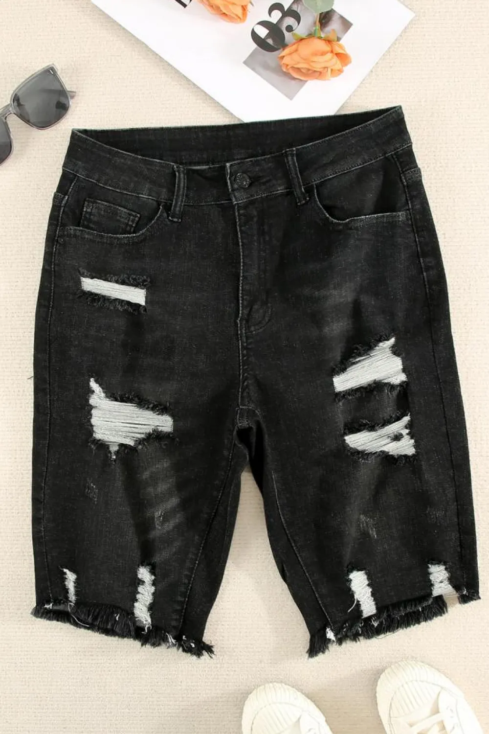 Discount Dear-Lover Ripped Tassel Bermuda Denim Shorts Black