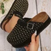Discount Dear-Lover Rivet Buckle Closed Toe Platform Slippers Black