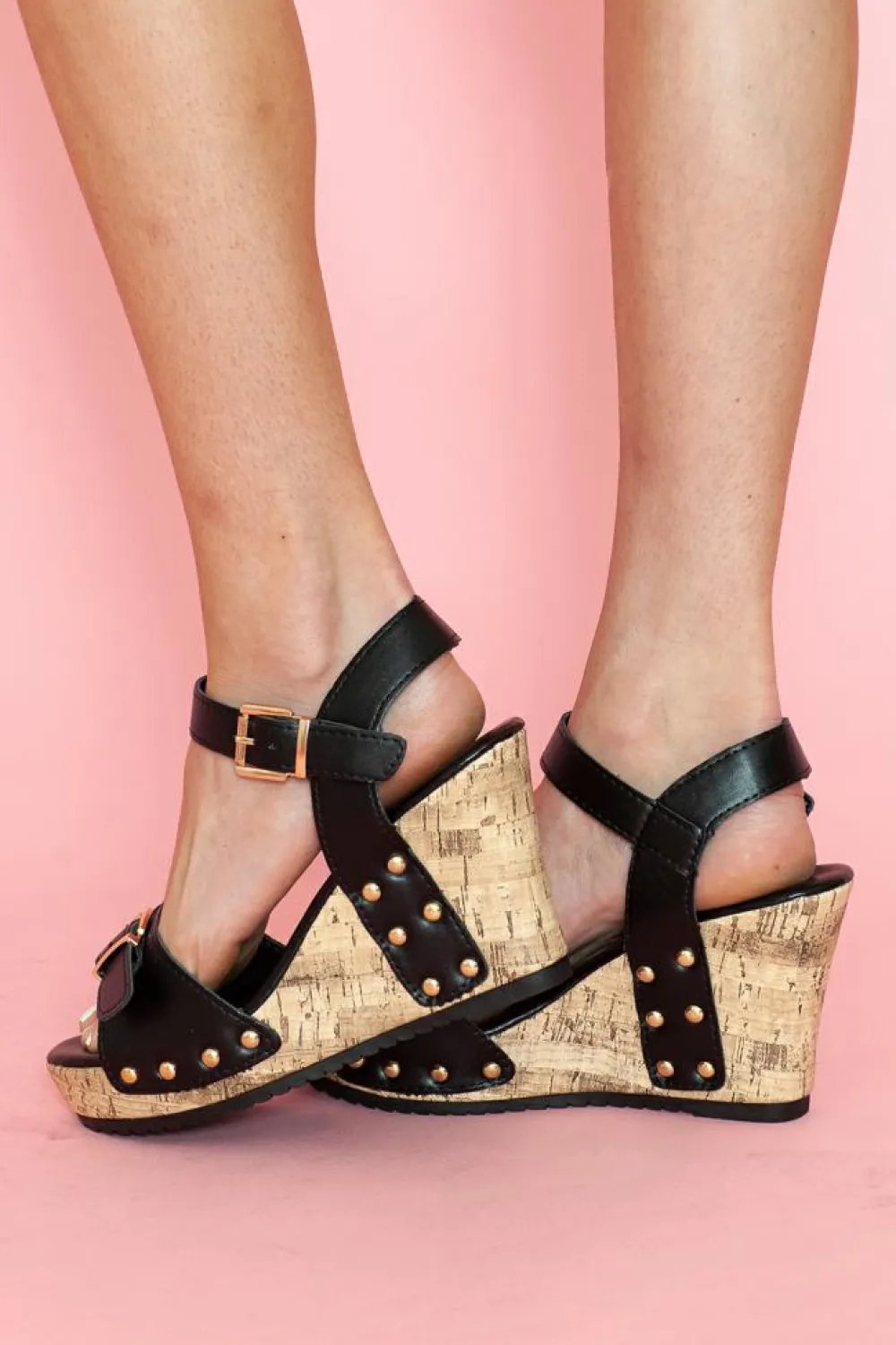 Clearance Dear-Lover Rivet Buckle Closure Wedge Sandals Black