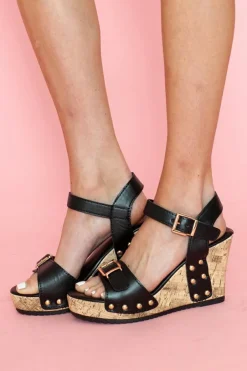 Clearance Dear-Lover Rivet Buckle Closure Wedge Sandals Black