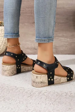 Outlet Dear-Lover Rivet Hollow Out Leather Wedge Sandals Black
