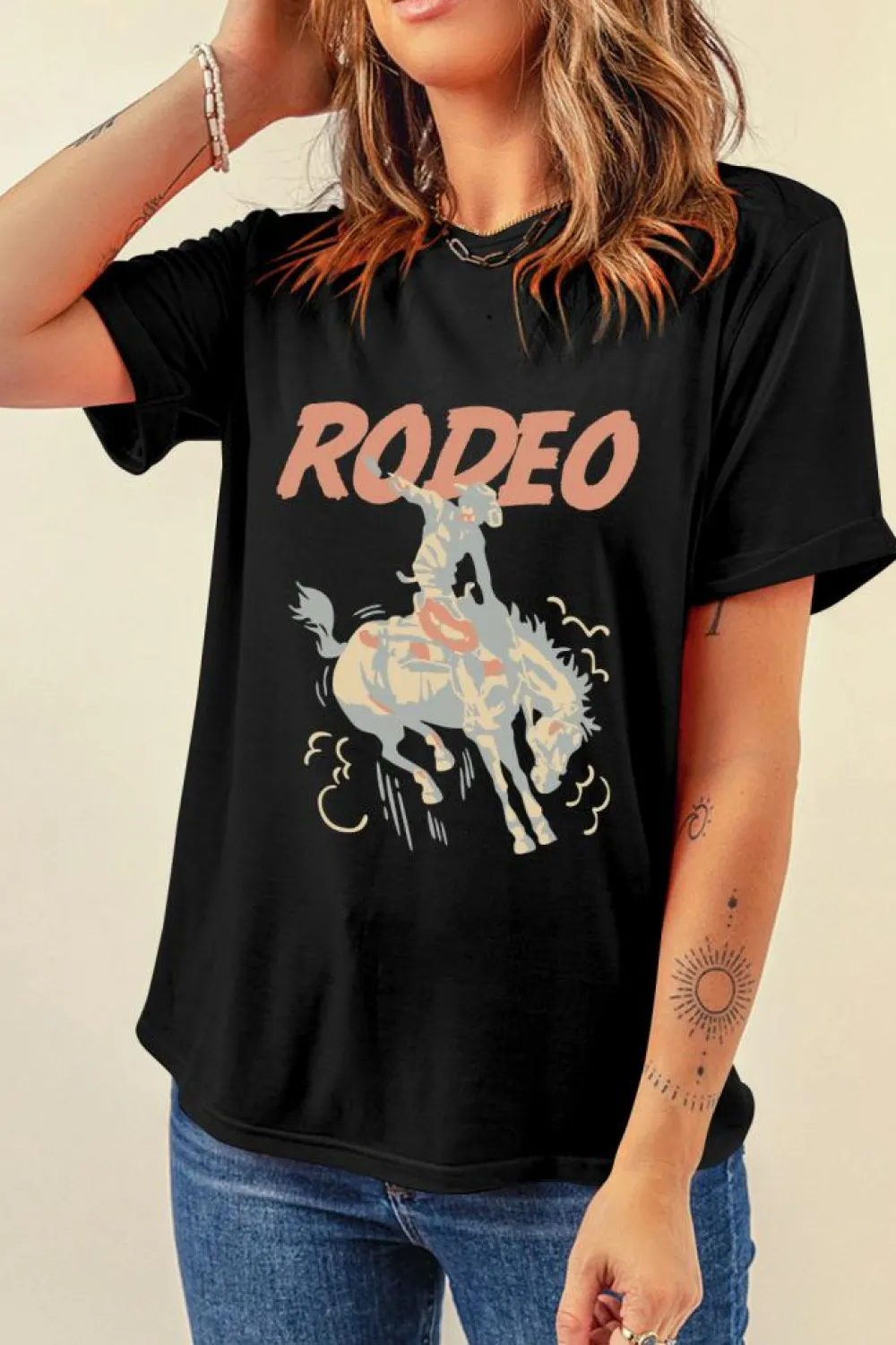 Fashion Dear-Lover RODEO Cowboy Graphic Crewneck T Shirt Black
