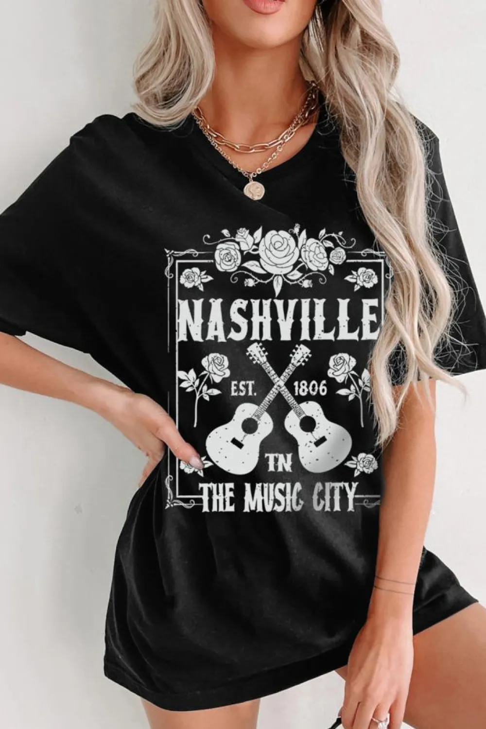 Clearance Dear-Lover Rose Guitar Nashville Music City Graphic Tunic T Shirt Black