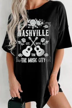 Clearance Dear-Lover Rose Guitar Nashville Music City Graphic Tunic T Shirt Black