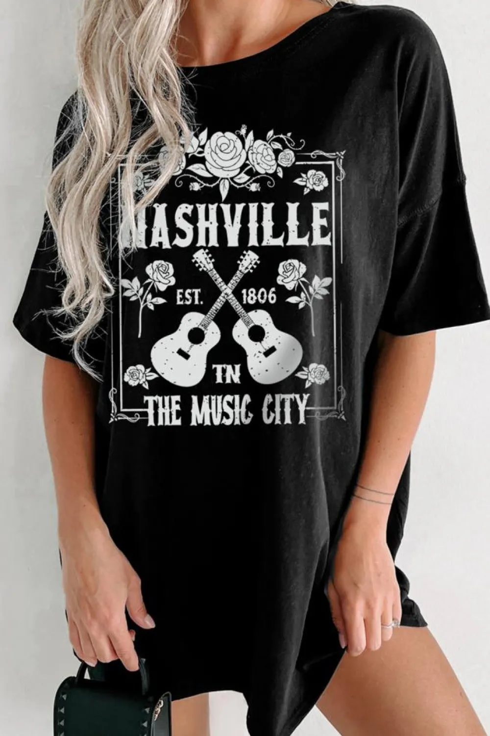 Clearance Dear-Lover Rose Guitar Nashville Music City Graphic Tunic T Shirt Black