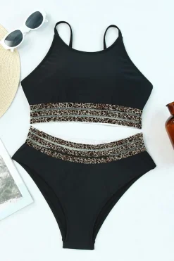 Outlet Dear-Lover Rose Leopard Mesh Trim 2pcs Bikini Swimsuit Black