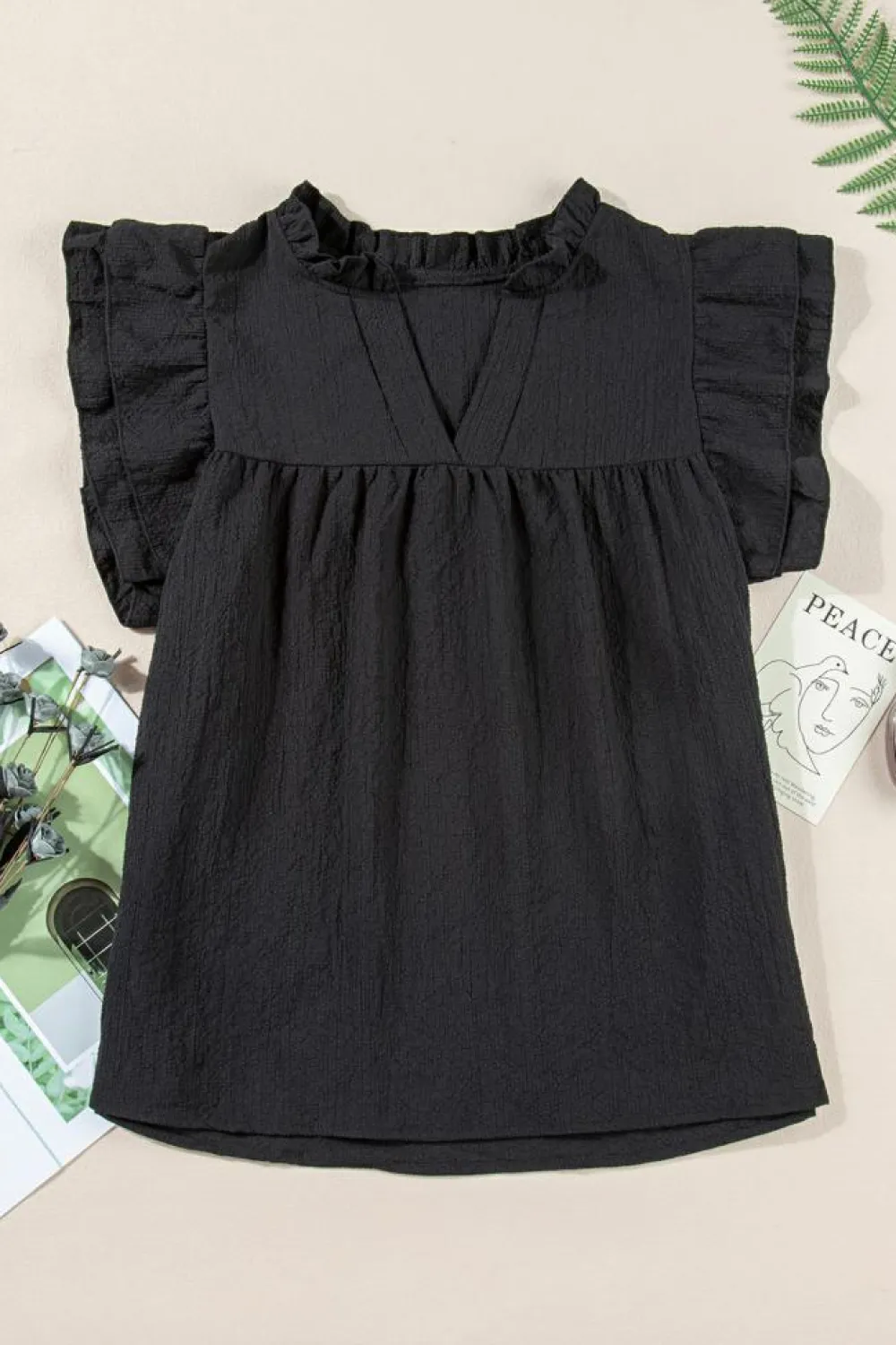 New Dear-Lover Ruffle Accent Flutter Sleeve Notch Neck Top Black